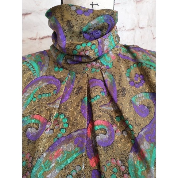 Vintage 80s Size 6 Small Nicola Jewel Tone Shoulder Pad Pleated Blouse High Neck - Picture 4 of 11